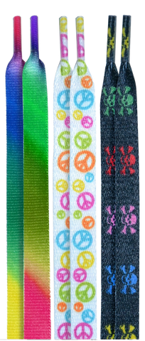 10 Seconds® Classic Flat Laces | Tie-Dye/Peace/Multi Skulls Printed Multi-Pack